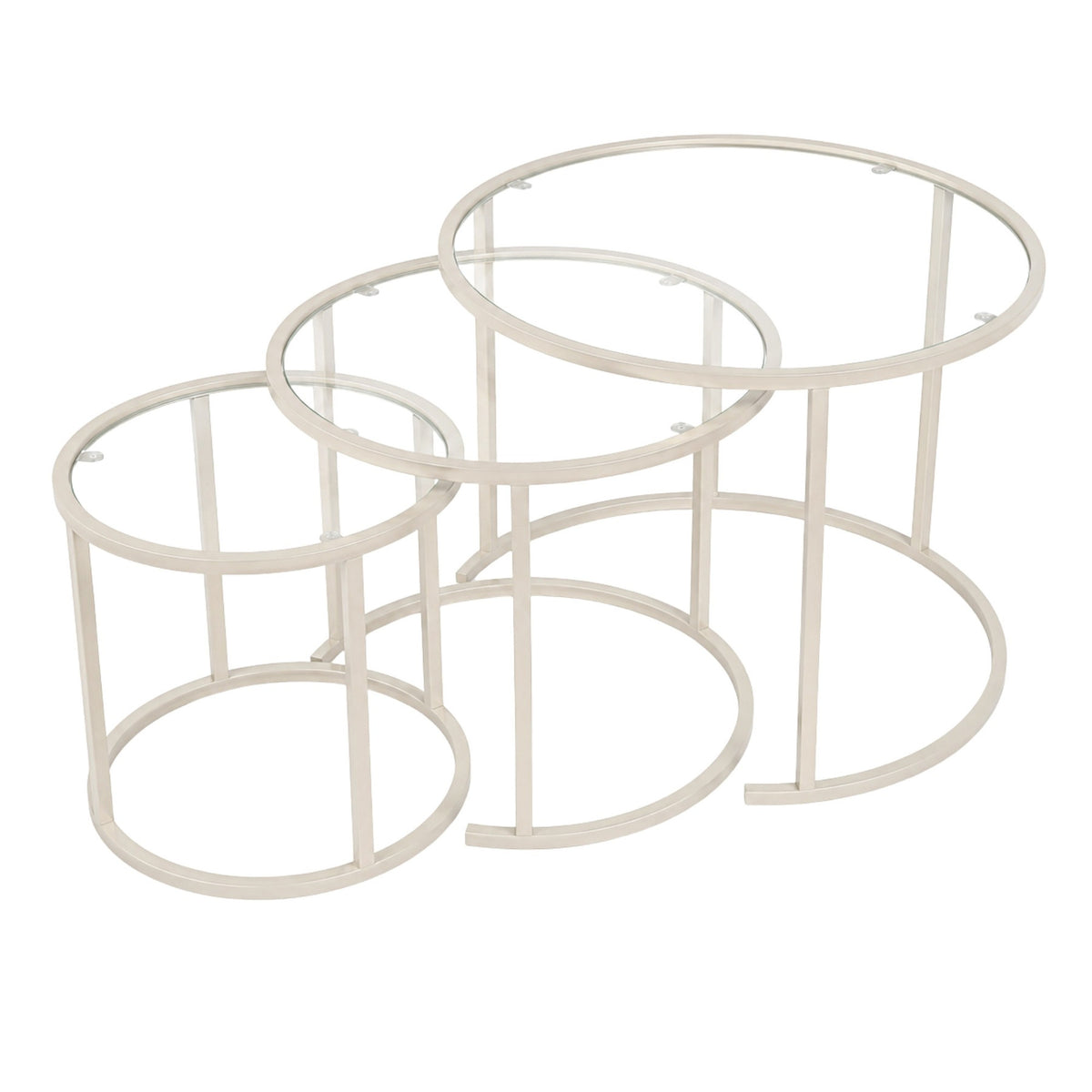 Dreiteiliges Couchtisch-Set von Hanah Home in Beige aus gehärtetem Glas mit schlankem Metallgestell, drei Tische in unterschiedlichen Grössen.