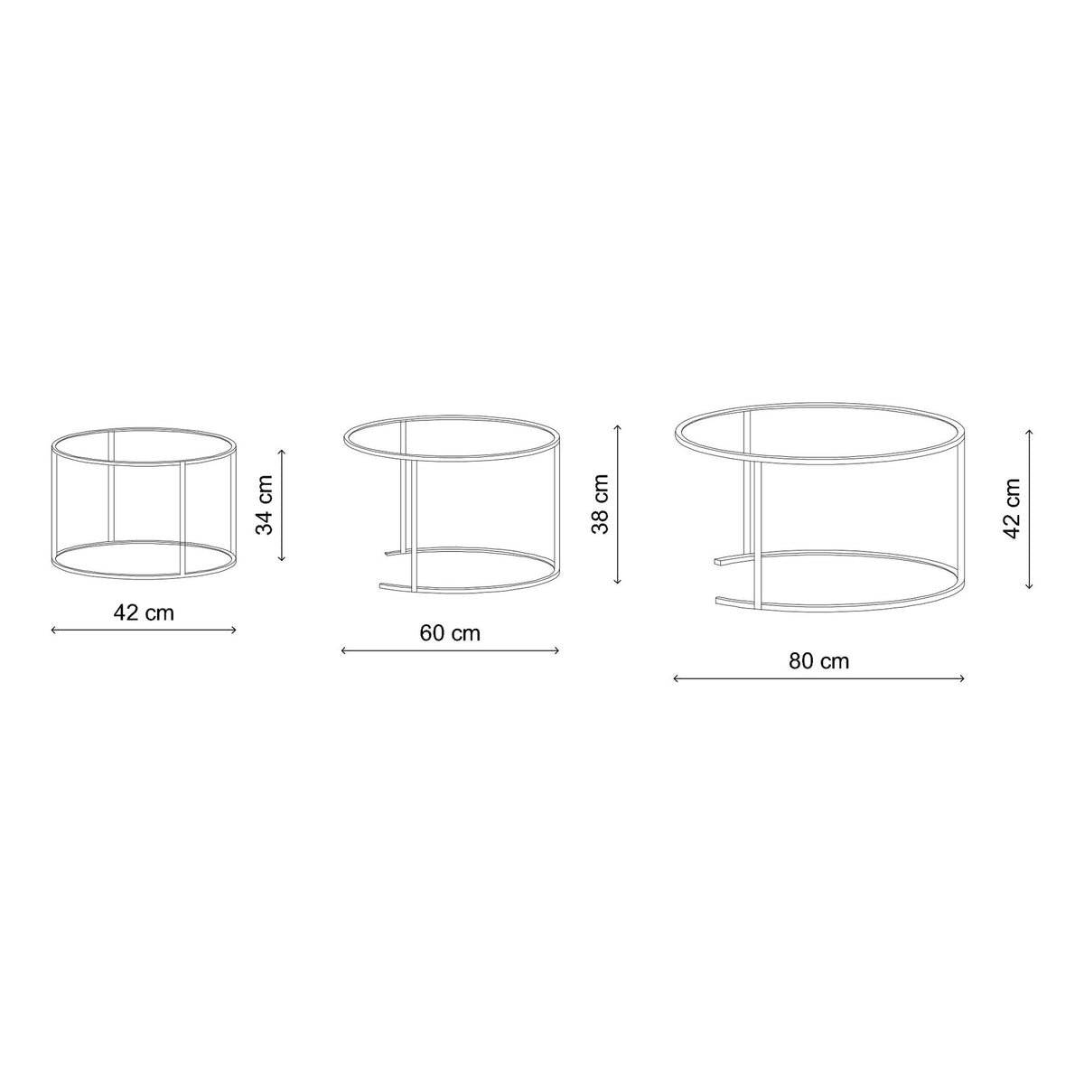 Dreiteiliges Couchtisch-Set von Hanah Home in Beige aus gehärtetem Glas mit schlankem Metallgestell, drei Tische in unterschiedlichen Grössen.
