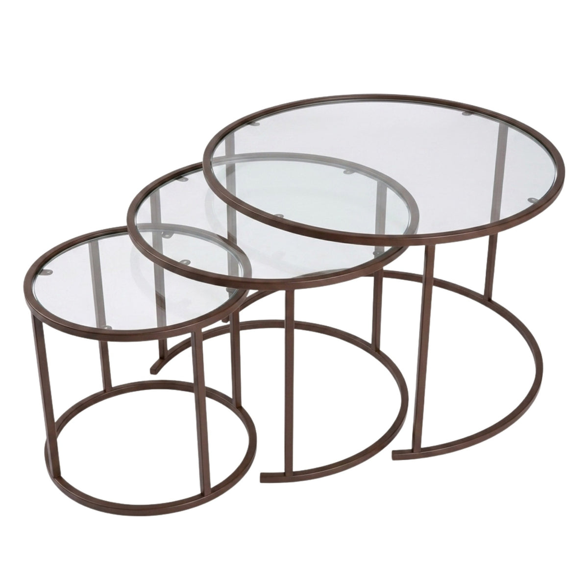 Dreiteiliges Couchtisch-Set von Hanah Home in Braun mit Glasplatten und Metallgestell, drei unterschiedlich grosse Tische ineinander gestellt.