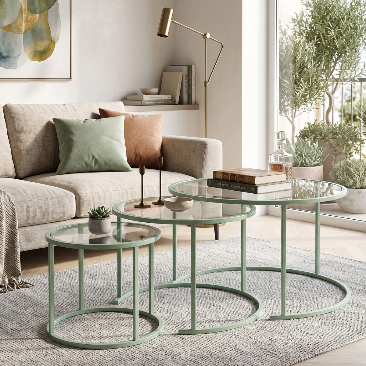Drei ineinander stapelbare Couchtische in Mint mit Glasplatten und schlankem Metallgestell, unterschiedliche Grössen und Höhen.