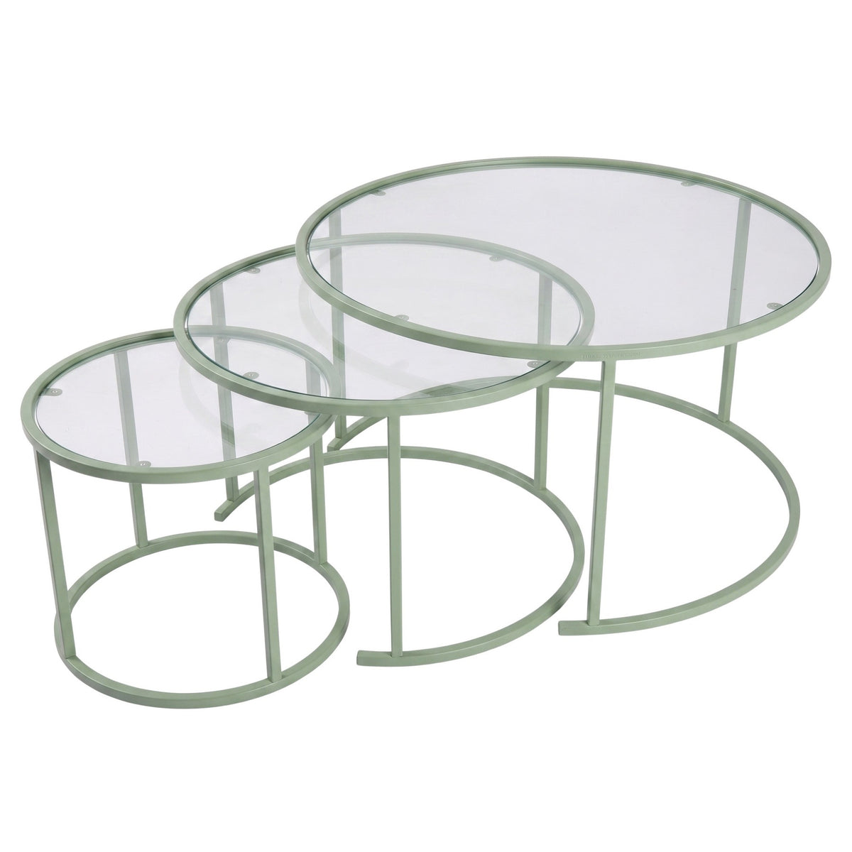 Drei ineinander stapelbare Couchtische in Mint mit Glasplatten und schlankem Metallgestell, unterschiedliche Grössen und Höhen.