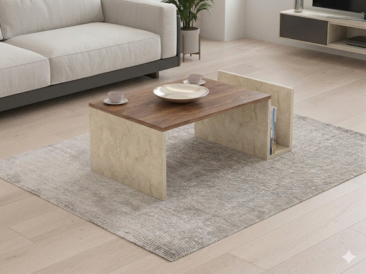 Memo Couchtisch von Hanah Home aus melaminbeschichteter Spanplatte in Travertin und Venezia-Walnuss, rechteckige Form mit schlankem Profil.