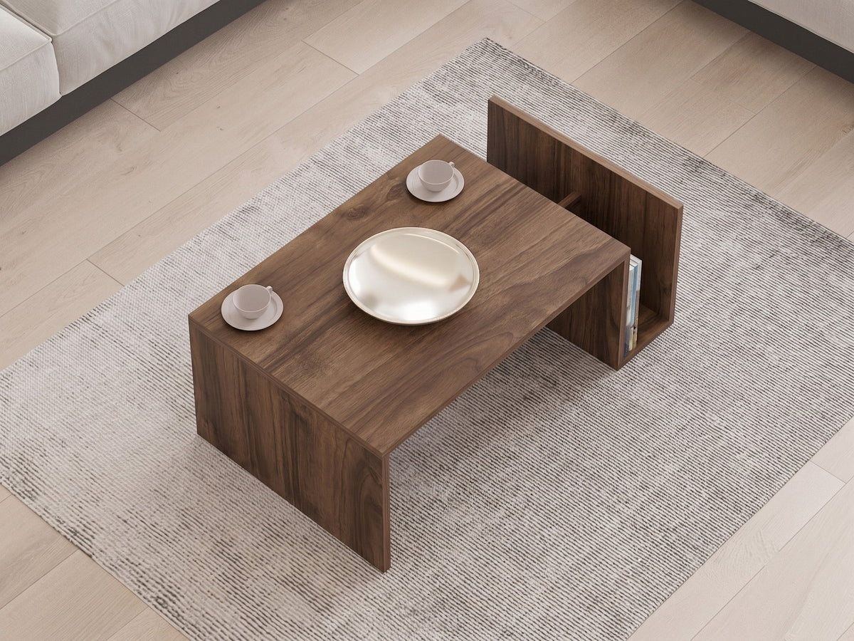 Rechteckiger Couchtisch Memo von Hanah Home in Venezia Nussbaum, Oberfläche aus Melaminspanplatte, schlankes flaches Tischdesign.