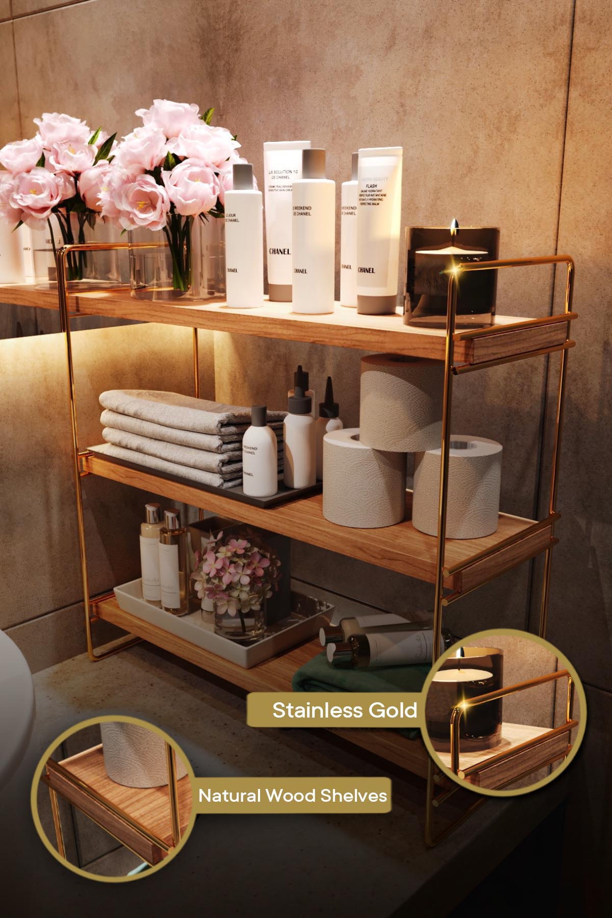 Masa Üstü 3 Katlı Organizer, Servis Rafı in Gold
 Braun präsentiert im Onlineshop von KAQTU Design AG. Wandregal ist von Hanah Home