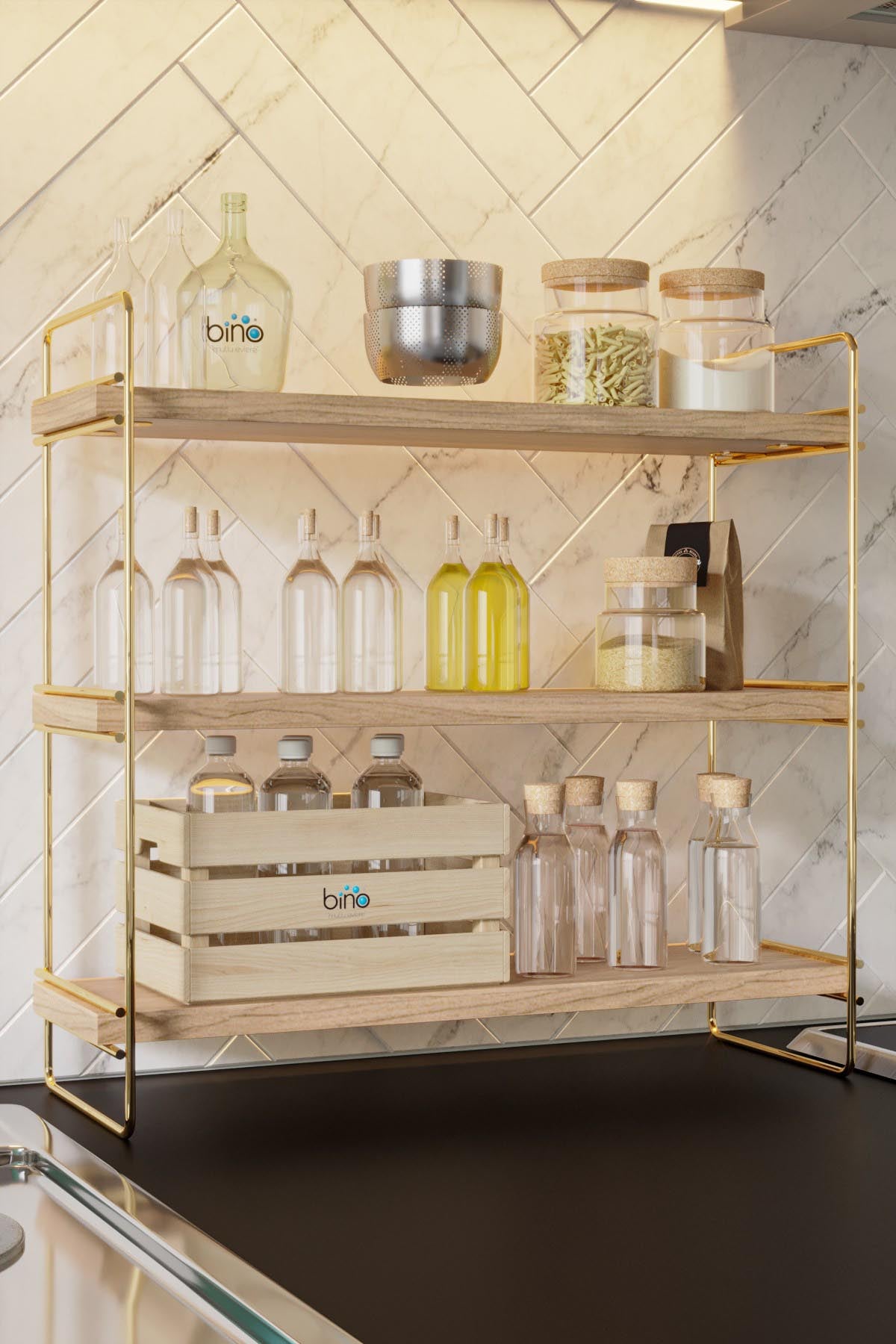 Masa Üstü 3 Katlı Organizer, Servis Rafı in Gold
 Braun präsentiert im Onlineshop von KAQTU Design AG. Wandregal ist von Hanah Home
