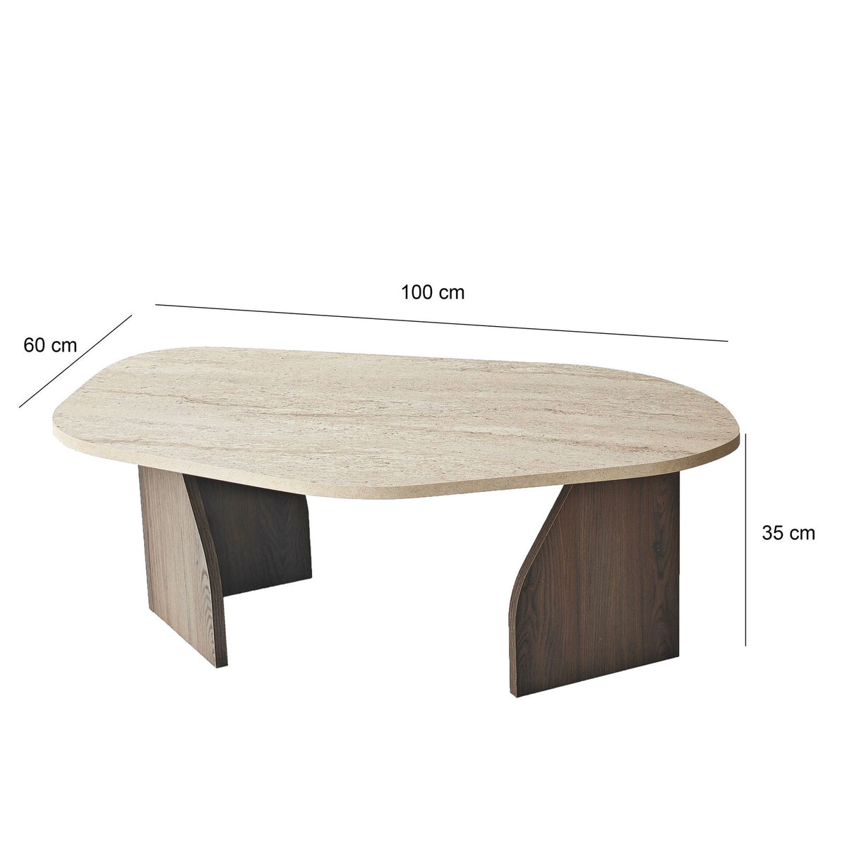 Foto des Rock Couchtisches von Hanah Home mit Platte in Travertin- und Nussbaum-Optik, rechteckige Form, niedrige Bauweise.