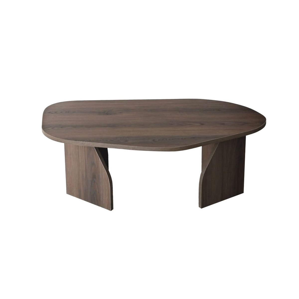 Rechteckiger Couchtisch in Nussbaum-Optik mit schlankem Gestell aus melaminbeschichteter Spanplatte, Masse 100x60x35 cm.