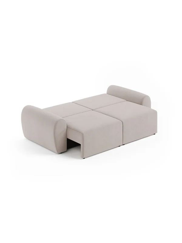 Ecrufarbenes 3-Sitzer Sofa Mono P mit Buchenholzgestell, Kunststoffbeinen und gepolsterten Sitzkissen, Sitzhöhe 45 cm, Frontalansicht.