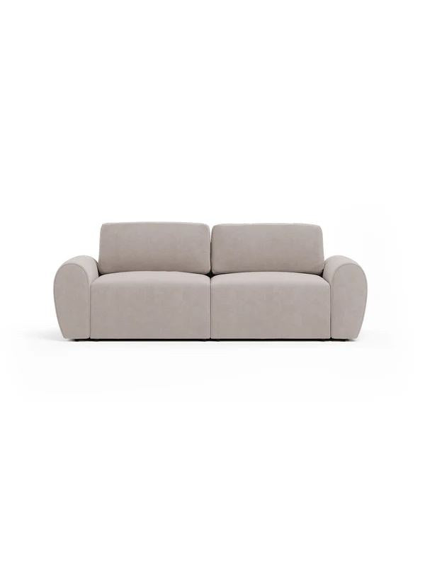 Ecrufarbenes 3-Sitzer Sofa Mono P mit Buchenholzgestell, Kunststoffbeinen und gepolsterten Sitzkissen, Sitzhöhe 45 cm, Frontalansicht.