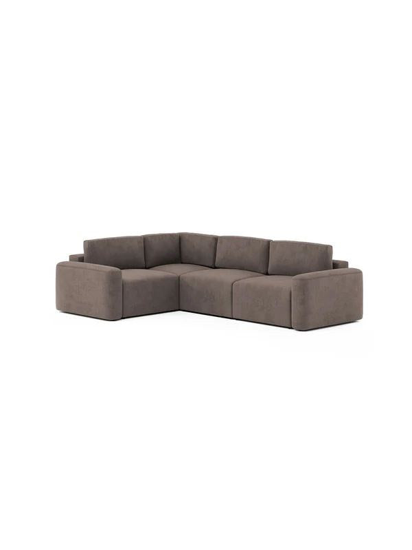 Braunes Ecksofa Mono Lilly links von Hanah Home mit Buchenholzgestell, Kunststoffbeinen und Sitzhöhe 45 cm im Wohnzimmer präsentiert.
