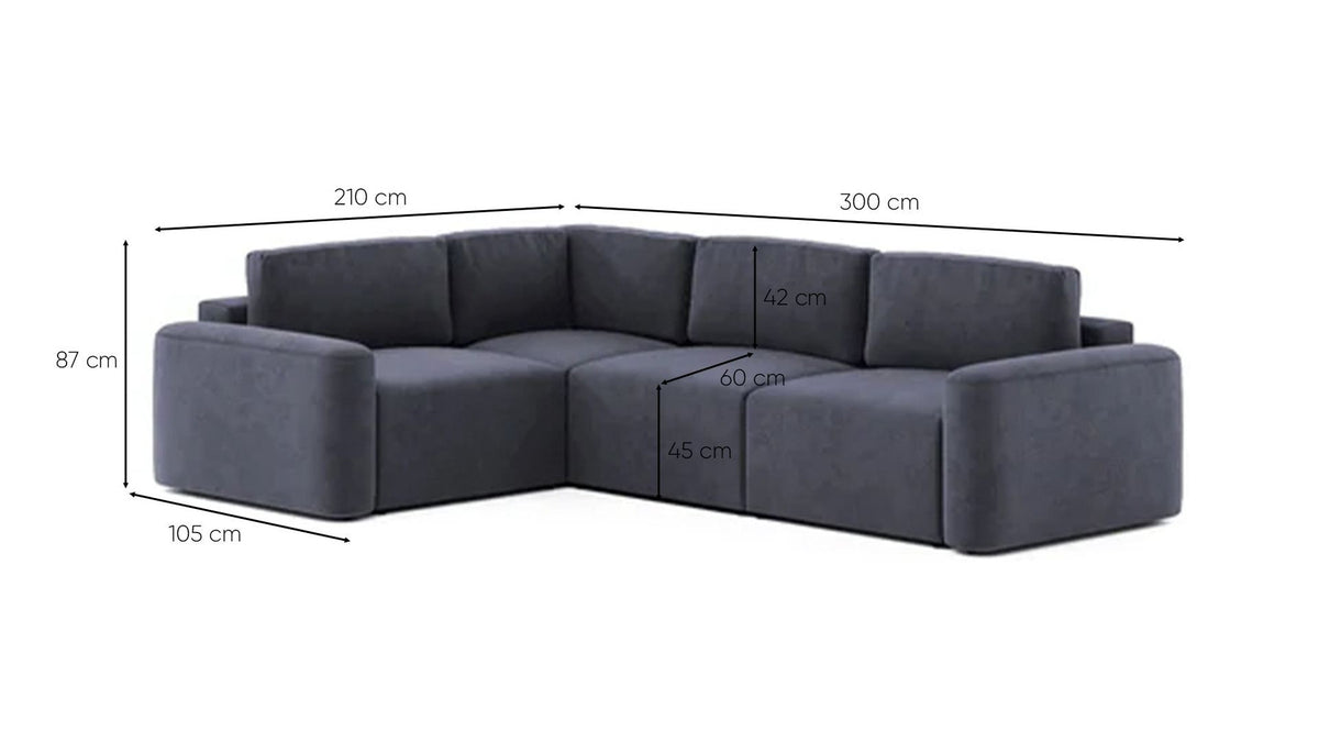Petrolblaues Ecksofa Mono Lilly links von Hanah Home mit Gestell aus Buchenholz und Spanplatte, Kunststofffüsse, Sitzhöhe 45 cm.