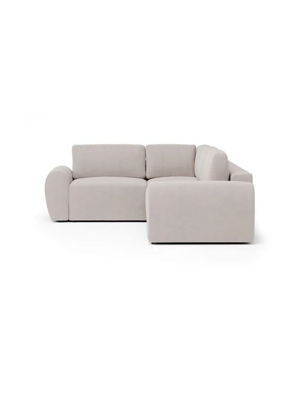 Ecru-farbenes Ecksofa links mit Buchenholz-Gestell, Kunststoffbeinen und gepolsterten Sitz- und Rückenkissen, Grösse 315x305 cm.
