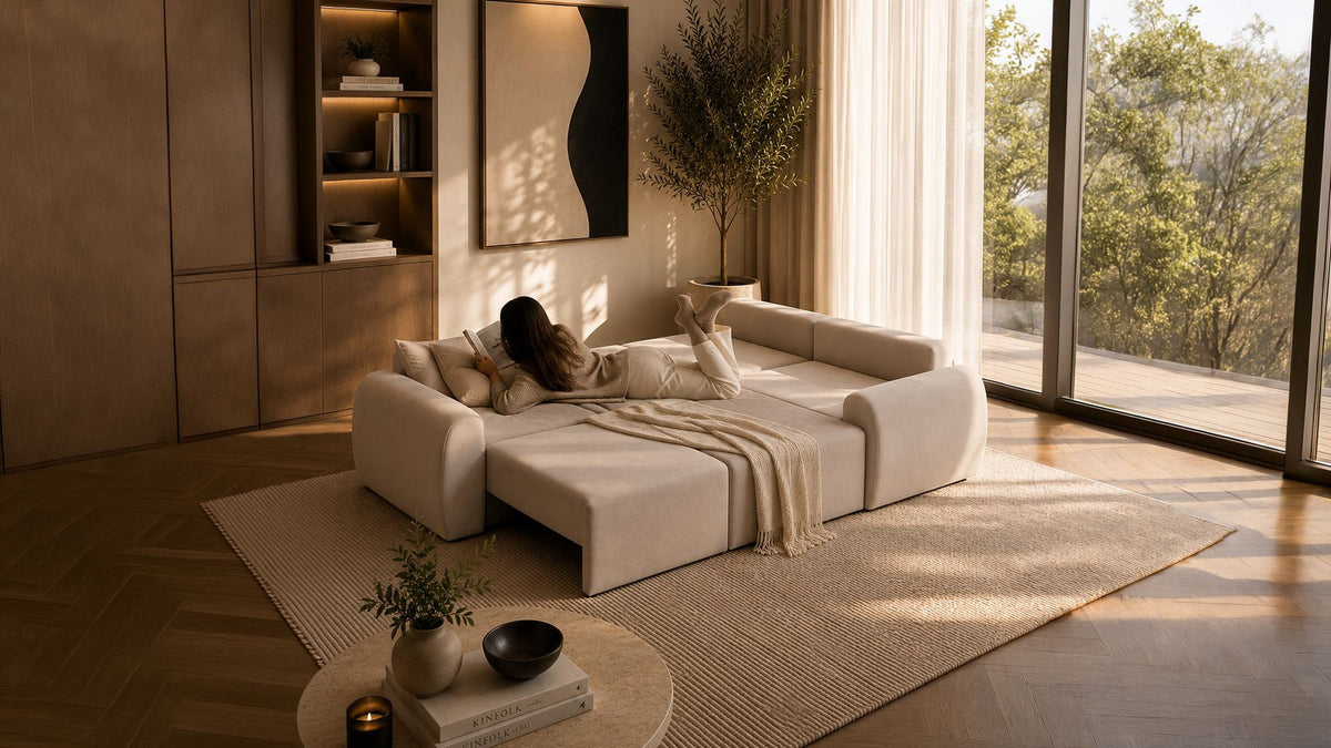Ecksofa Mono P rechts in Ecru mit Buchenholzgestell, Kunststoffbeinen und gepolsterten Sitzflächen, Ansicht von vorne.