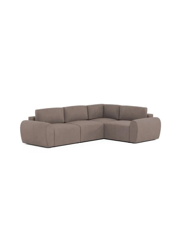 Braunes Ecksofa rechts mit Kunststoffbeinen, Gestell aus Buchenholz und Spanplatte, gepolstert mit weichem Schaumstoff, Sitzhöhe 45 cm.