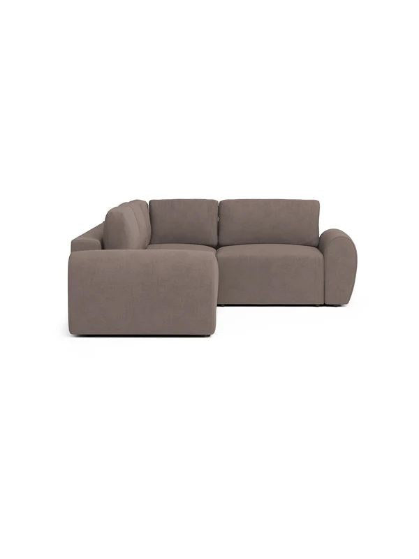 Braunes Ecksofa rechts mit Kunststoffbeinen, Gestell aus Buchenholz und Spanplatte, gepolstert mit weichem Schaumstoff, Sitzhöhe 45 cm.