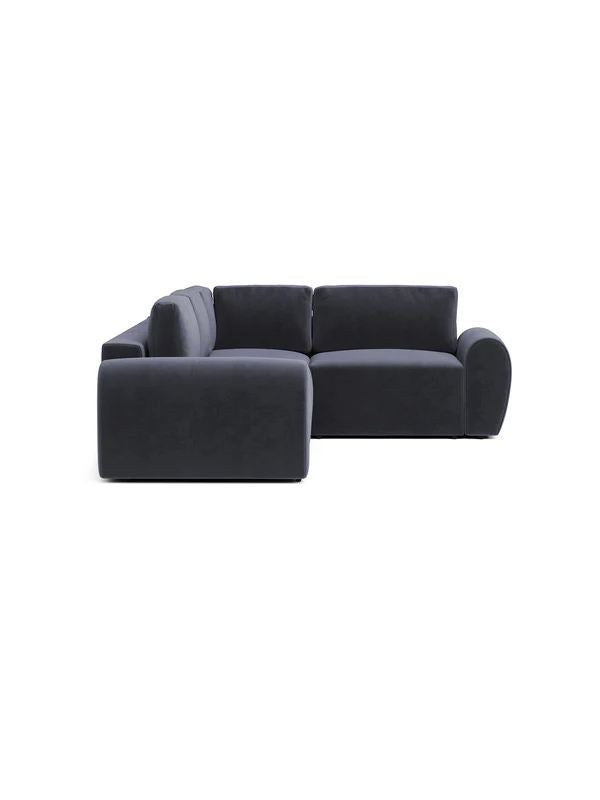 Ecksofa rechts in Petrolblau mit Buchenholzgestell, Spanplatte und Kunststoffbeinen, Sitzhöhe 45 cm, von Hanah Home.