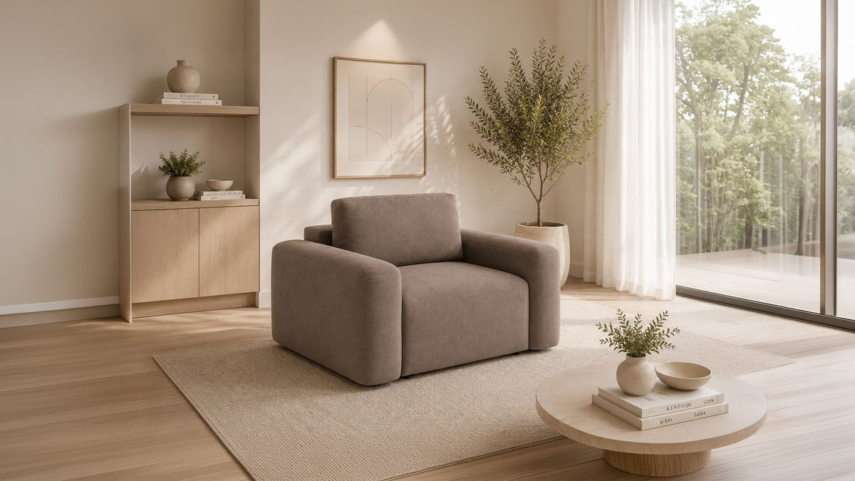 Braunes 1-Sitzer Sofa Mono Lily von Hanah Home mit Buchenholzgestell, Schaumstoffpolster und Kunststoffbeinen, Sitzhöhe 45 cm.