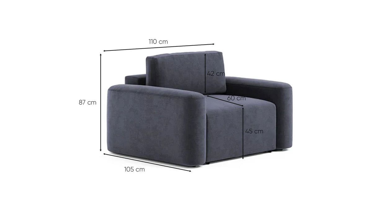 Petrolblaues 1-Sitzer Sofa mit Buchenholzgestell, gepolstertem Sitz und schlanken Kunststoffbeinen, Sitzhöhe 45 cm.