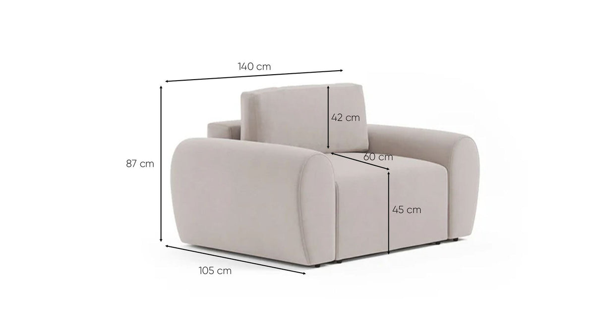 Cremefarbenes 1-Sitzer Sofa Mono P aus Buchenholz mit Kunststoffbeinen, gepolsterter Sitzfläche und Rückenlehne, Frontalansicht auf hellem Hintergrund.