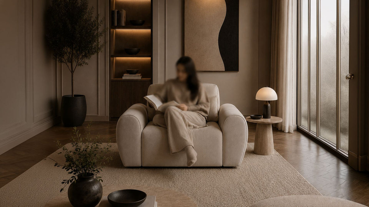 Cremefarbenes 1-Sitzer Sofa Mono P aus Buchenholz mit Kunststoffbeinen, gepolsterter Sitzfläche und Rückenlehne, Frontalansicht auf hellem Hintergrund.