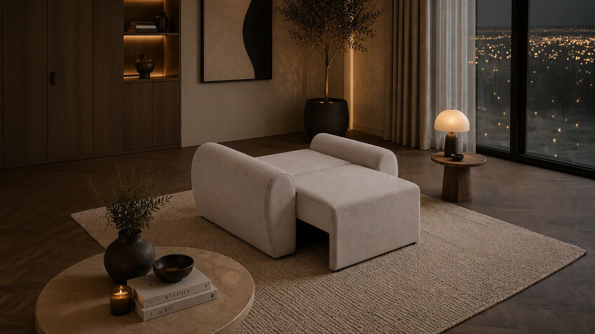 Cremefarbenes 1-Sitzer Sofa Mono P aus Buchenholz mit Kunststoffbeinen, gepolsterter Sitzfläche und Rückenlehne, Frontalansicht auf hellem Hintergrund.