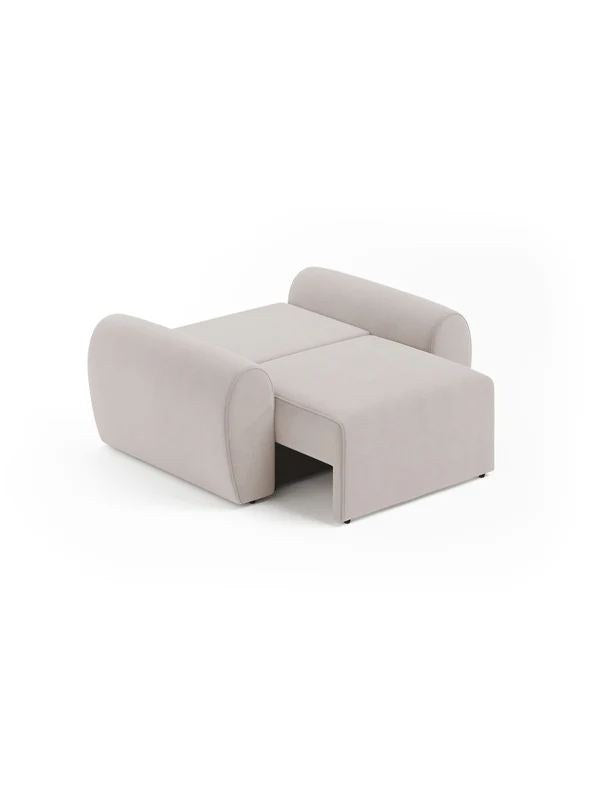 Cremefarbenes 1-Sitzer Sofa Mono P aus Buchenholz mit Kunststoffbeinen, gepolsterter Sitzfläche und Rückenlehne, Frontalansicht auf hellem Hintergrund.