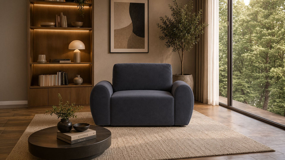 Petrolblaues 1-Sitzer Sofa Mono P mit Gestell aus Buchenholz und Spanplatte, Kunststoffbeinen und gepolsterter Sitzfläche aus Schaumstoff.