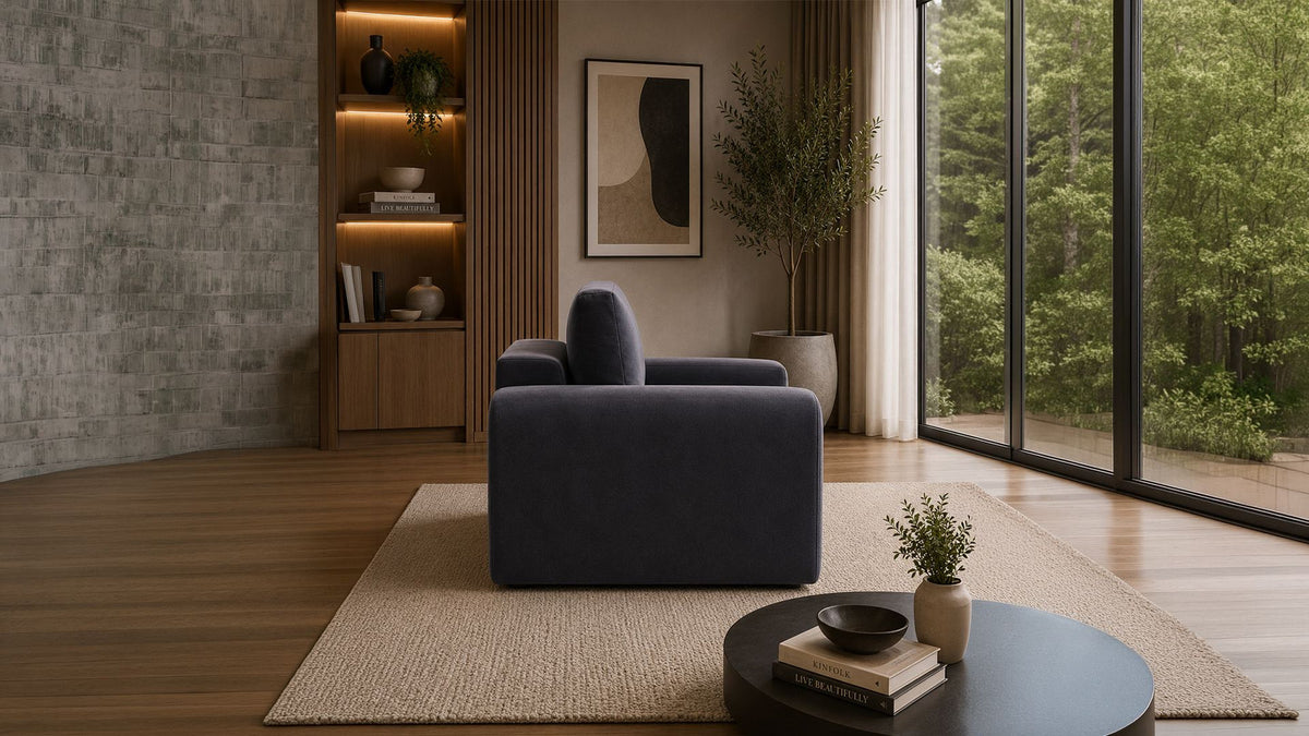 Petrolblaues 1-Sitzer Sofa Mono P mit Gestell aus Buchenholz und Spanplatte, Kunststoffbeinen und gepolsterter Sitzfläche aus Schaumstoff.