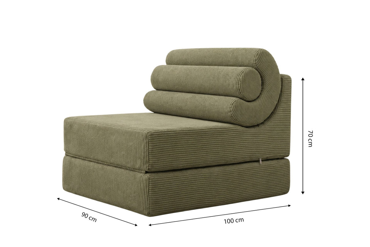 Mintfarbenes 1-Sitzer Schlafsofa Duo Relax von Hanah Home, ausgeklappt als Bett, ohne Rahmen, mit Schaumstoffpolsterung.