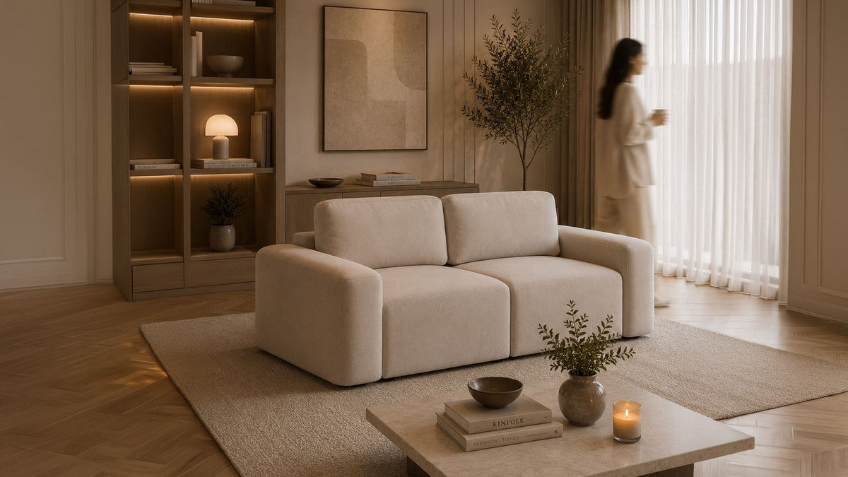 Ecrufarbenes 3-Sitzer Sofa Mono Lilly mit Gestell aus Buchenholz und Spanplatte, Kunststoffbeinen und gepolsterten Sitzkissen.