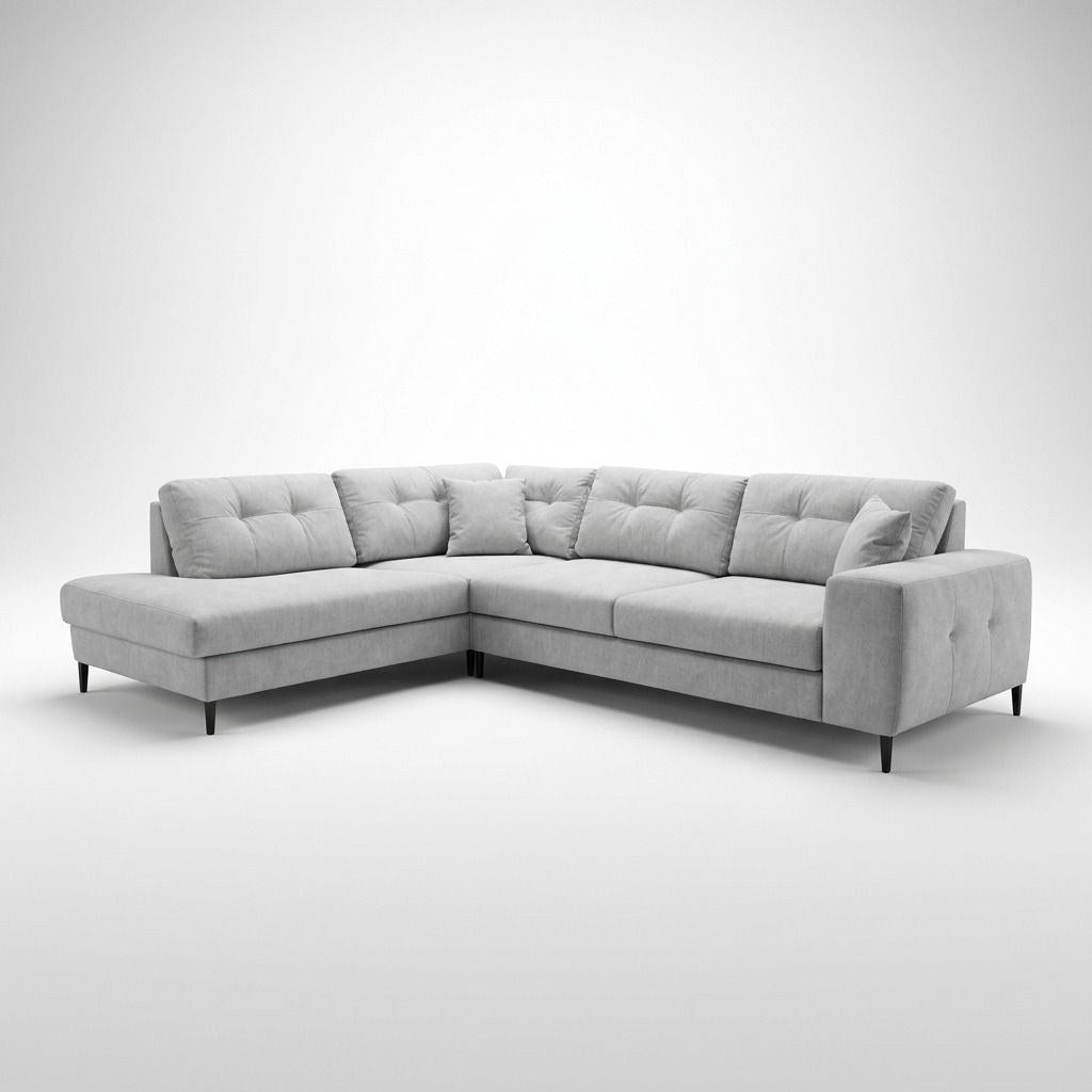 Ecksofa rechts in Ecru mit Polyesterbezug, Buchenholzgestell, Kunststoffbeinen und zwei losen Kissen auf hellem Untergrund fotografiert.