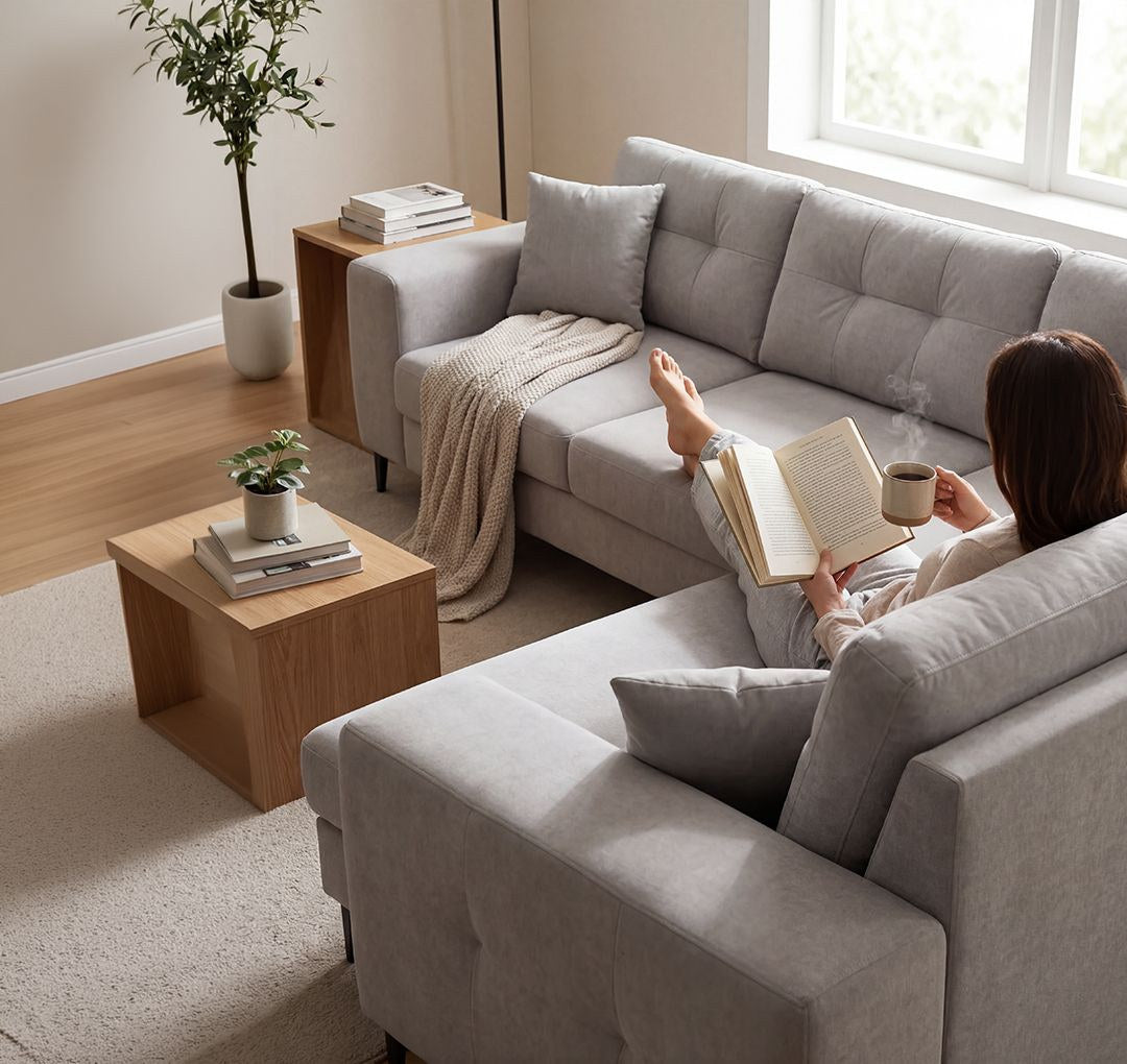 Ecksofa rechts in Ecru mit Polyesterbezug, Buchenholzgestell, Kunststoffbeinen und zwei losen Kissen auf hellem Untergrund fotografiert.