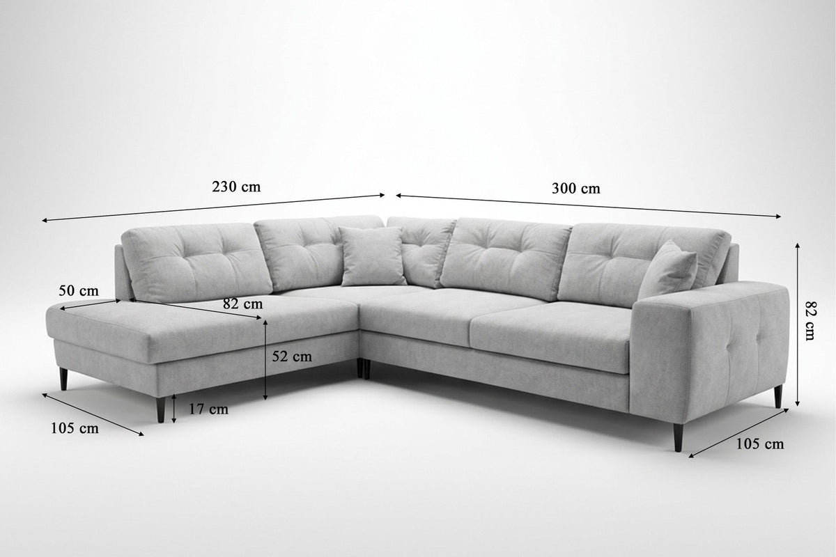 Ecksofa rechts in Ecru mit Polyesterbezug, Buchenholzgestell, Kunststoffbeinen und zwei losen Kissen auf hellem Untergrund fotografiert.