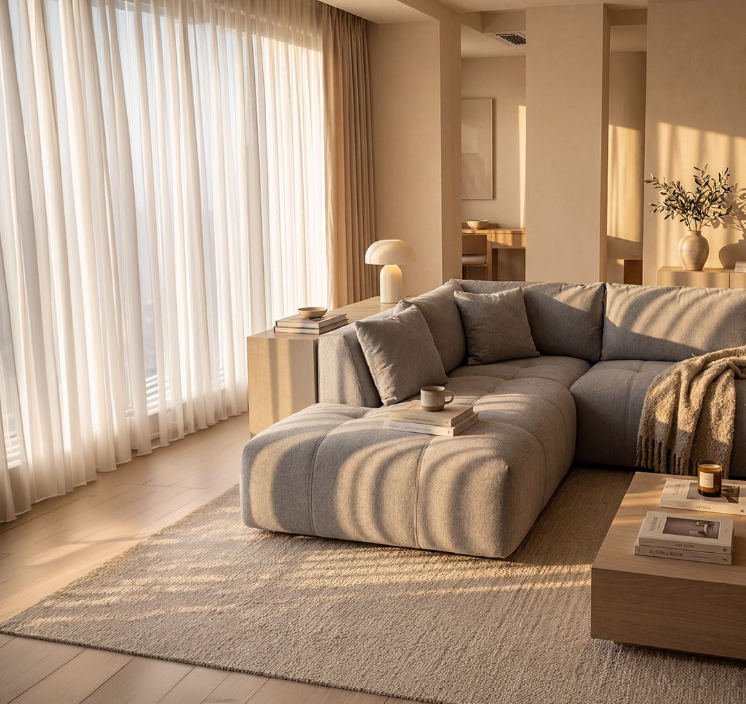Ecru-farbenes Ecksofa Toledo mit Buchenholzgestell, Polyesterbezug, zwei losen Kissen und Kunststoffbeinen, Ecke rechts ausgerichtet.