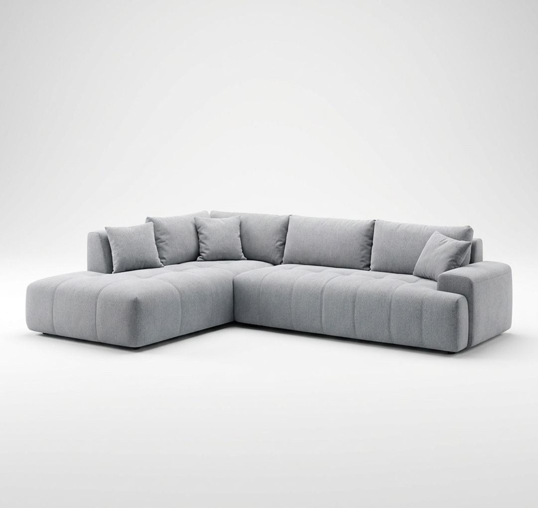 Ecksofa links Toledo von Hanah Home in Farbe Ecru mit Polyesterbezug, Gestell aus Buchenholz und Spanplatte, Kunststoffbeinen