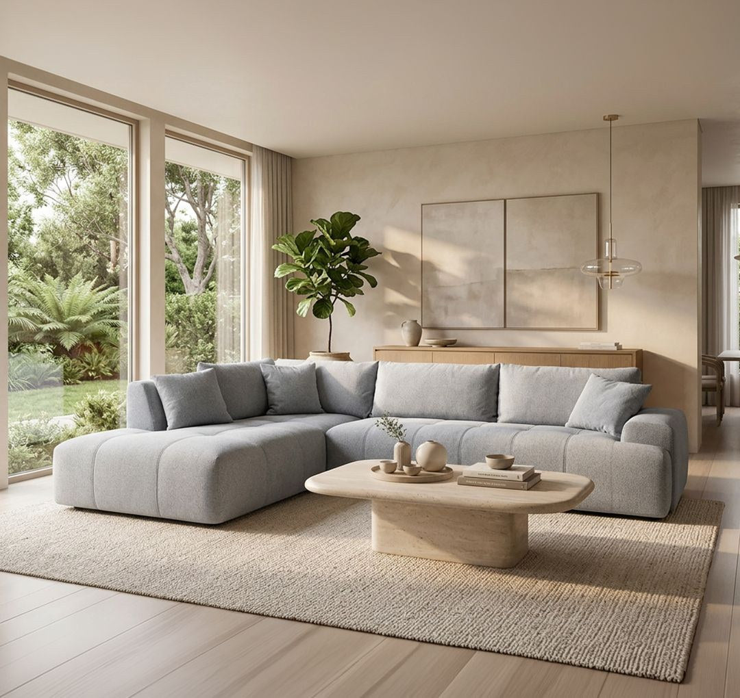 Ecksofa links Toledo von Hanah Home in Farbe Ecru mit Polyesterbezug, Gestell aus Buchenholz und Spanplatte, Kunststoffbeinen