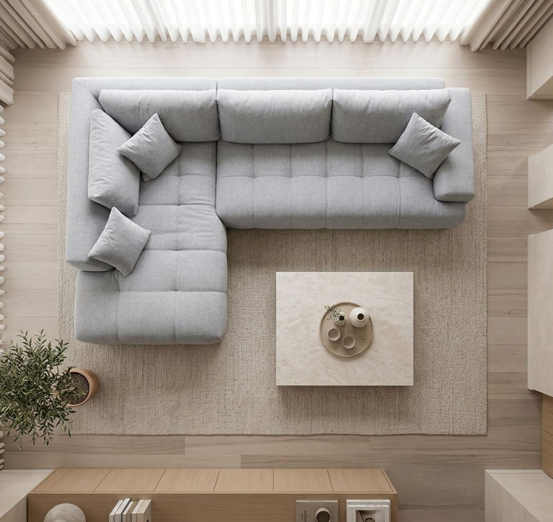 Ecksofa links Toledo von Hanah Home in Farbe Ecru mit Polyesterbezug, Gestell aus Buchenholz und Spanplatte, Kunststoffbeinen