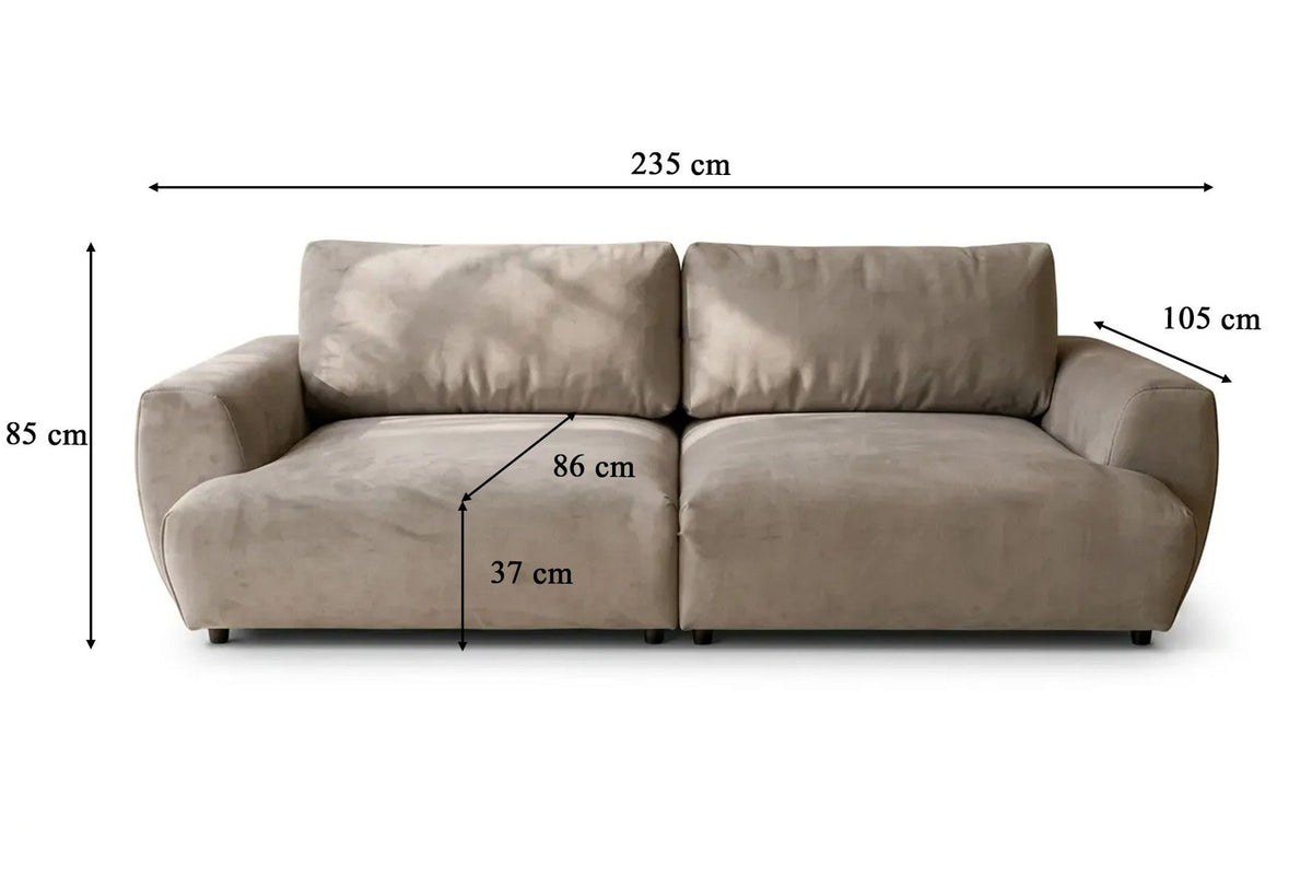 Beiges 3-Sitzer Schlafsofa aus Polyesterstoff mit Buchenholzgestell, Kunststoffbeinen und geschnittenem Schaumstoff-Kissen.