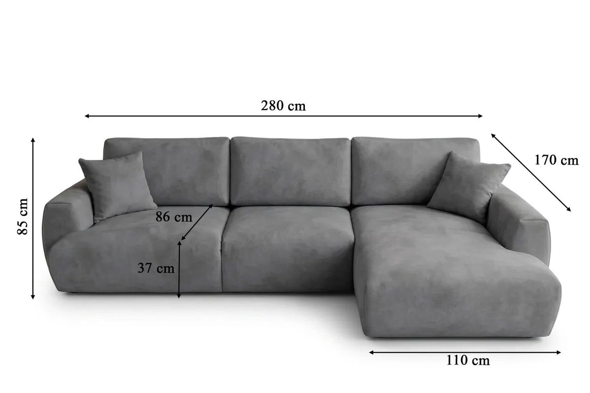 Graues Ecksofa rechts mit Schlaffunktion von Hanah Home, Bezug aus Polyester, Gestell aus Buchenholz und Spanplatte, mit zwei Kissen und Kunststoffbeinen.
