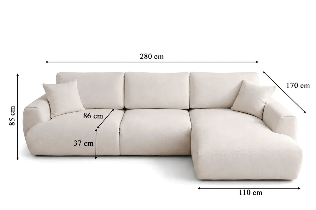 Ecru-farbenes Ecksofa rechts mit Schlaffunktion von Hanah Home, Polyesterbezug, Buchenholz-Gestell, Kunststoffbeinen, Staufach unter Sitzfläche.