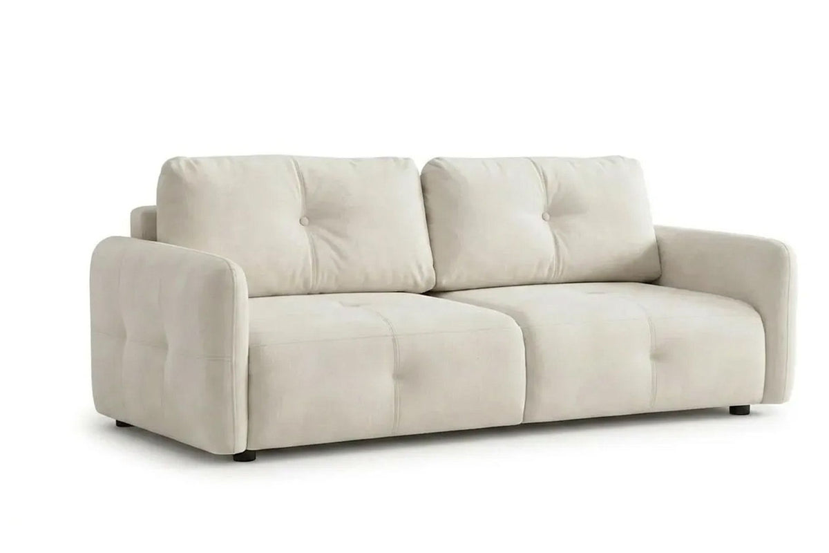Ecrufarbenes 3-Sitzer Schlafsofa Magic von Hanah Home mit Polyesterbezug, Buchenholzgestell und Kunststoffbeinen im Wohnraum.