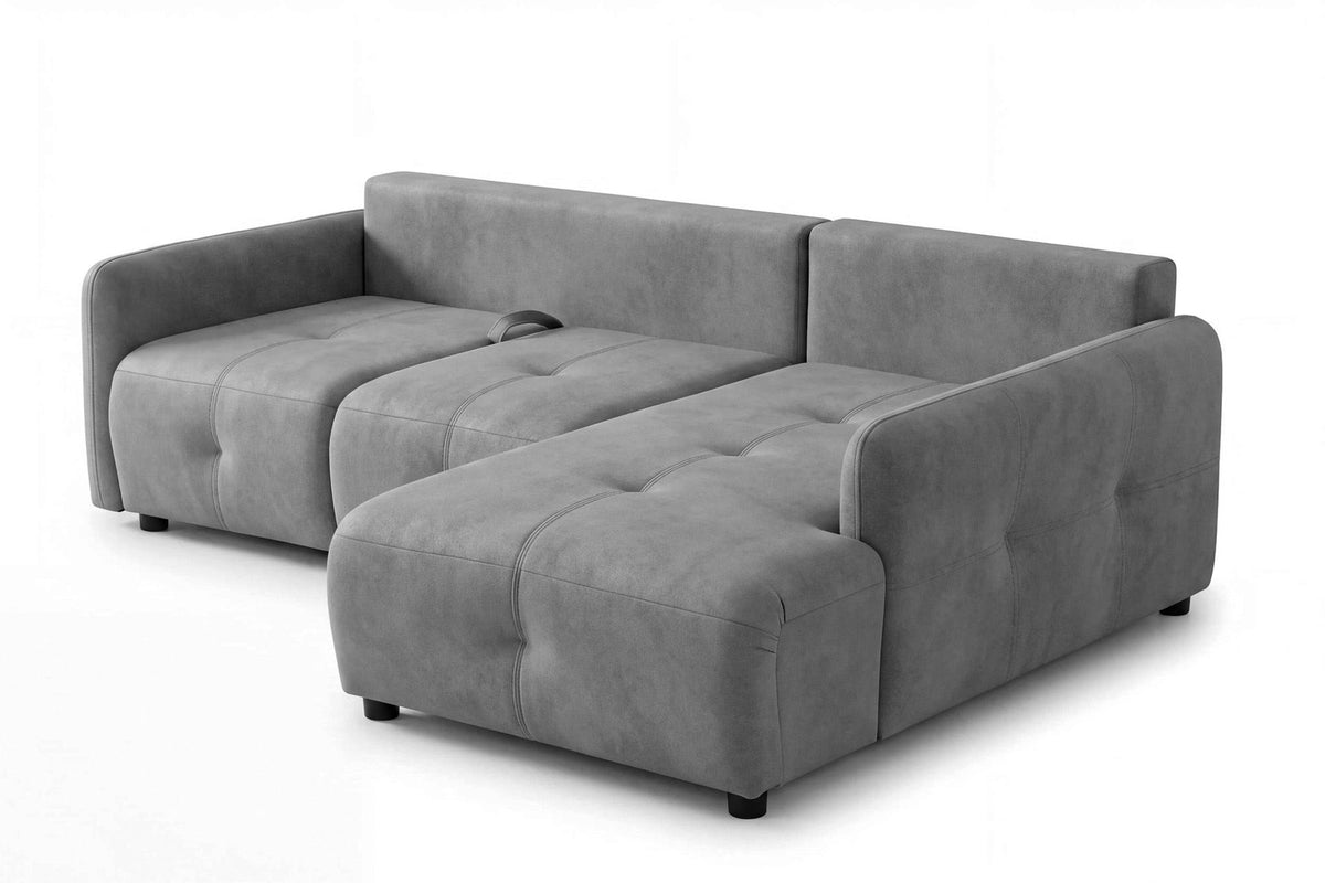 Graues Eck-Schlafsofa mit Polyesterbezug, Buchenholzgestell, Staufach unter der Sitzfläche und zwei Kissen, rechts ausgerichtet.