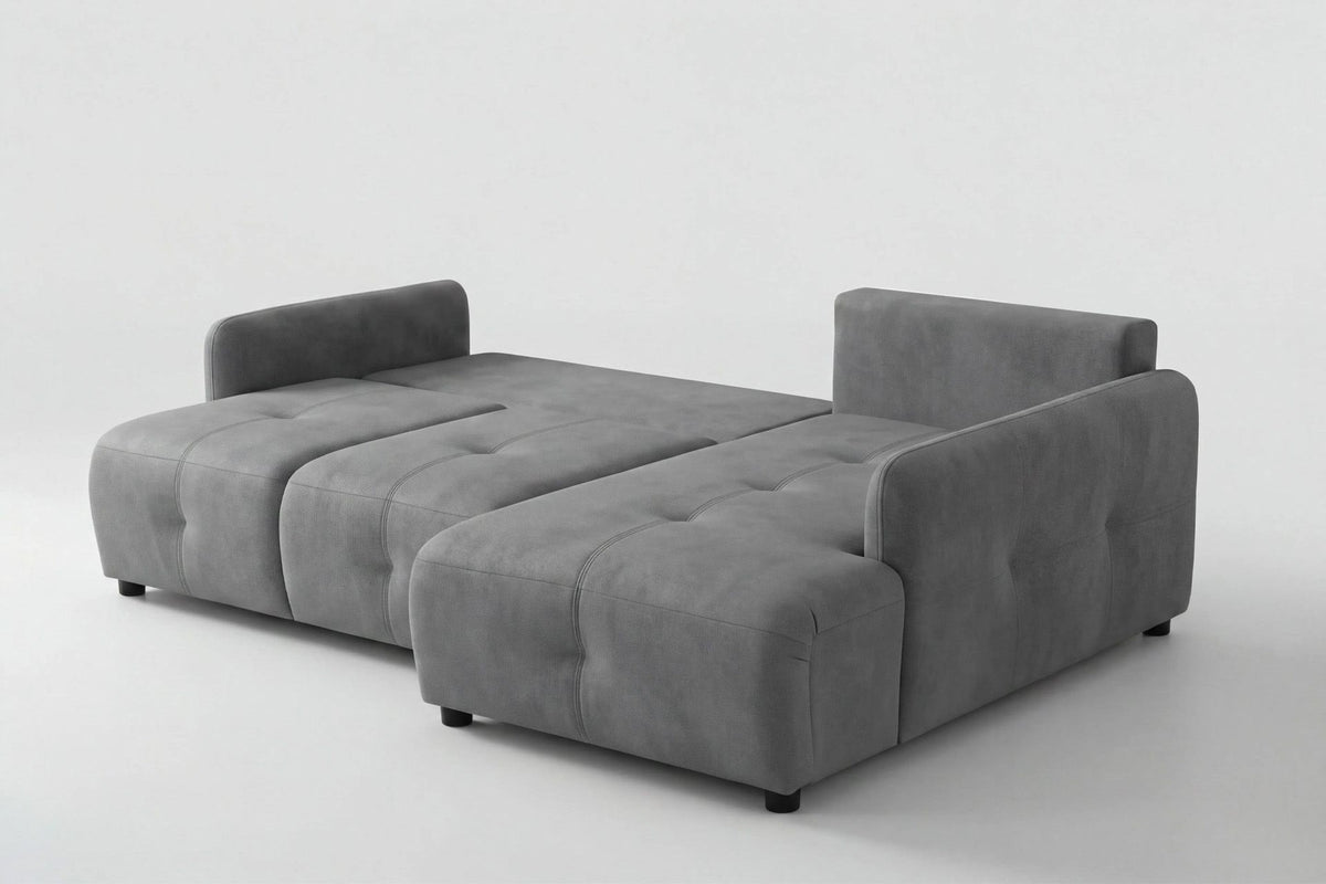Graues Eck-Schlafsofa mit Polyesterbezug, Buchenholzgestell, Staufach unter der Sitzfläche und zwei Kissen, rechts ausgerichtet.