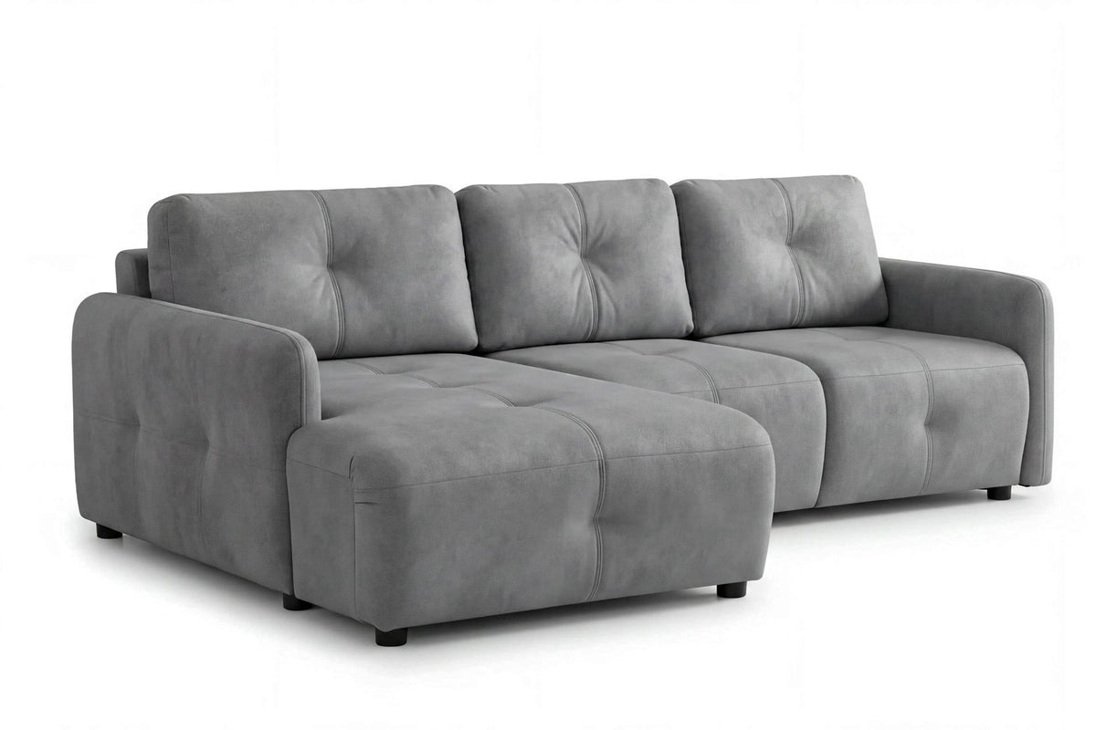 Graues Eck-Schlafsofa links von Hanah Home mit Polyesterbezug, Buchenholzgestell, zwei Kissen und sichtbarem Staufach unter der Sitzfläche.