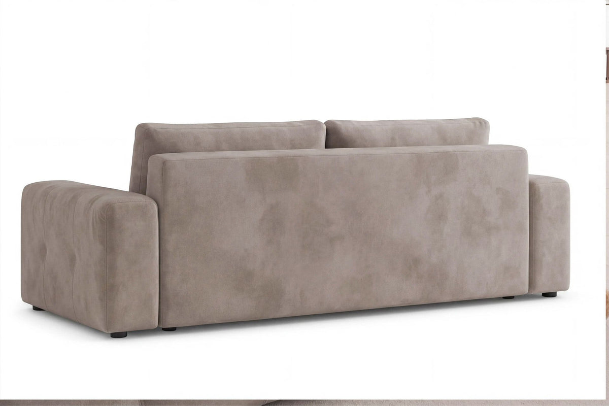 Beiges 3-Sitzer Schlafsofa Magnum von Hanah Home mit Polyesterbezug, Buchenholzgestell, Kunststoffbeinen und Staufach unter der Sitzfläche.
