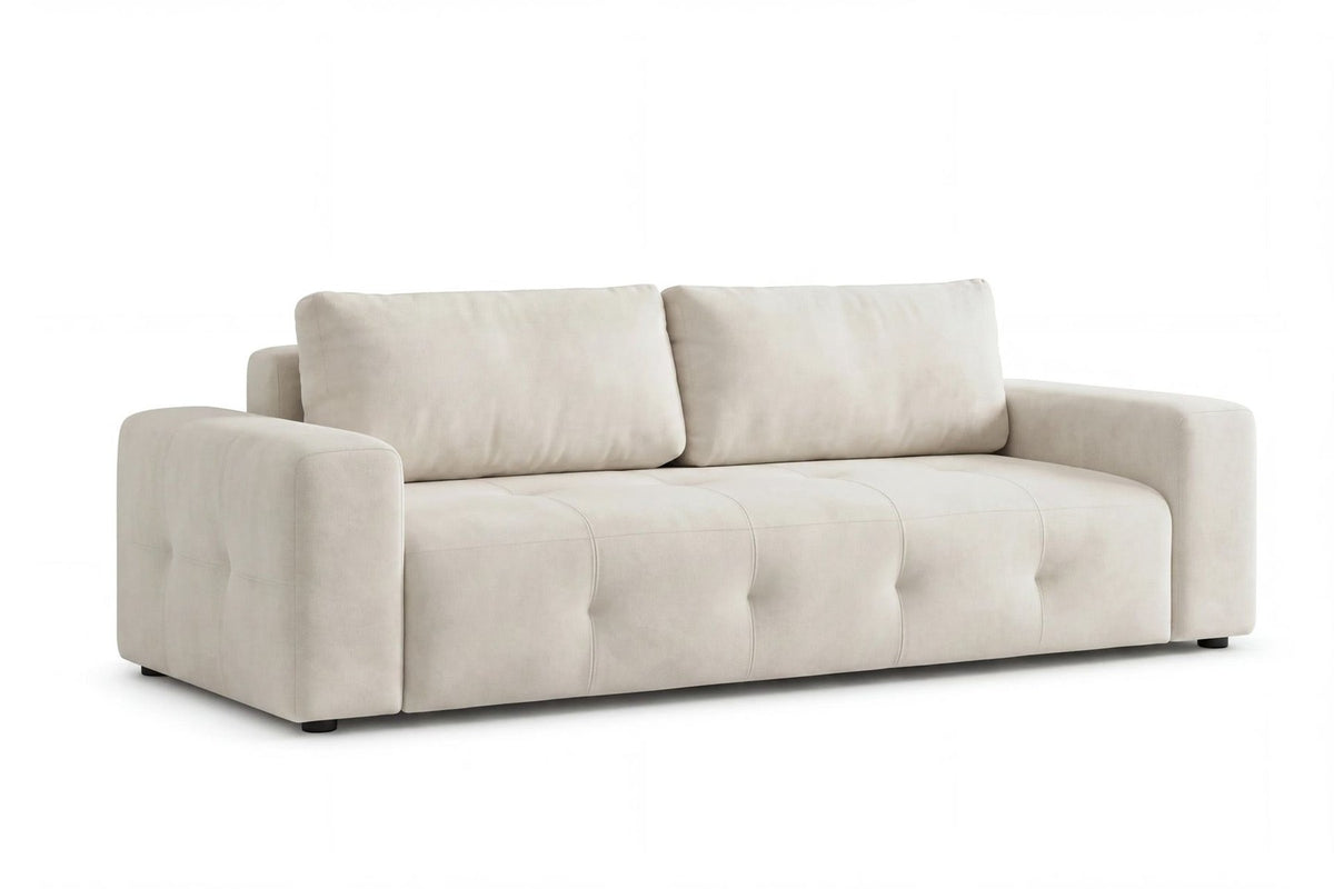 Magnum Schlafsofa von Hanah Home in Ecru: 3-Sitzer mit Polyesterbezug, Buchenholzgestell, Kunststoffbeinen und zwei Kissen.