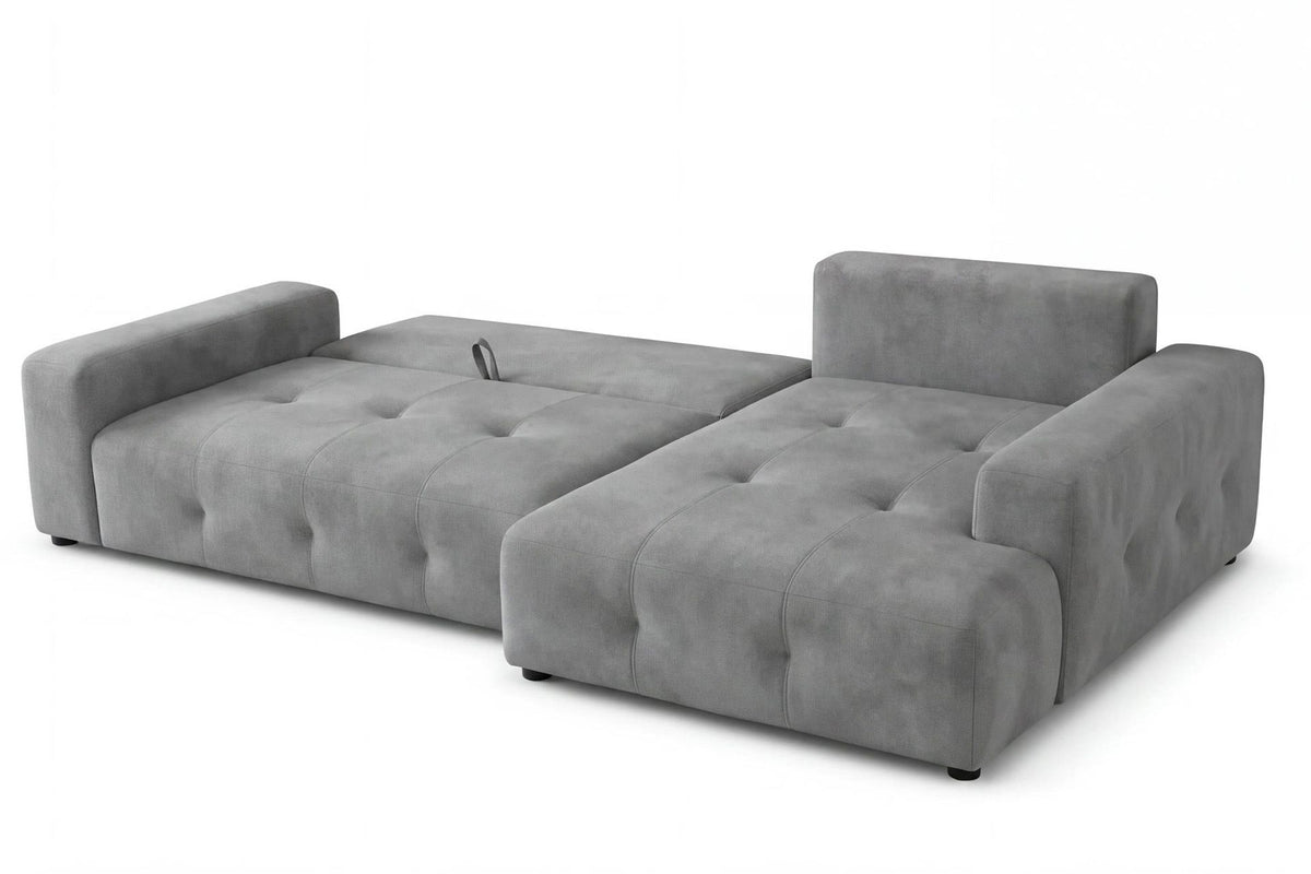 Graues Eck-Schlafsofa Magnum von Hanah Home aus Polyesterstoff mit Buchenholzgestell, rechts ausgerichtet, inklusive zwei Kissen.