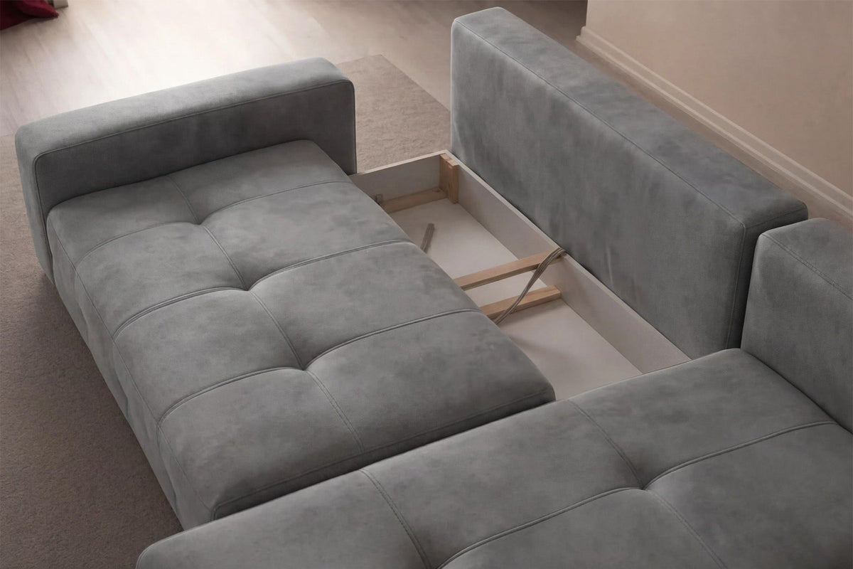 Graues Eck-Schlafsofa Magnum von Hanah Home aus Polyesterstoff mit Buchenholzgestell, rechts ausgerichtet, inklusive zwei Kissen.