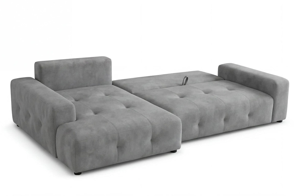 Graues Eck-Schlafsofa Magnum links aus Buchenholz und Polyesterbezug, mit Kunststoffbeinen, Stauraum und zwei losen Kissen auf der Sitzfläche.