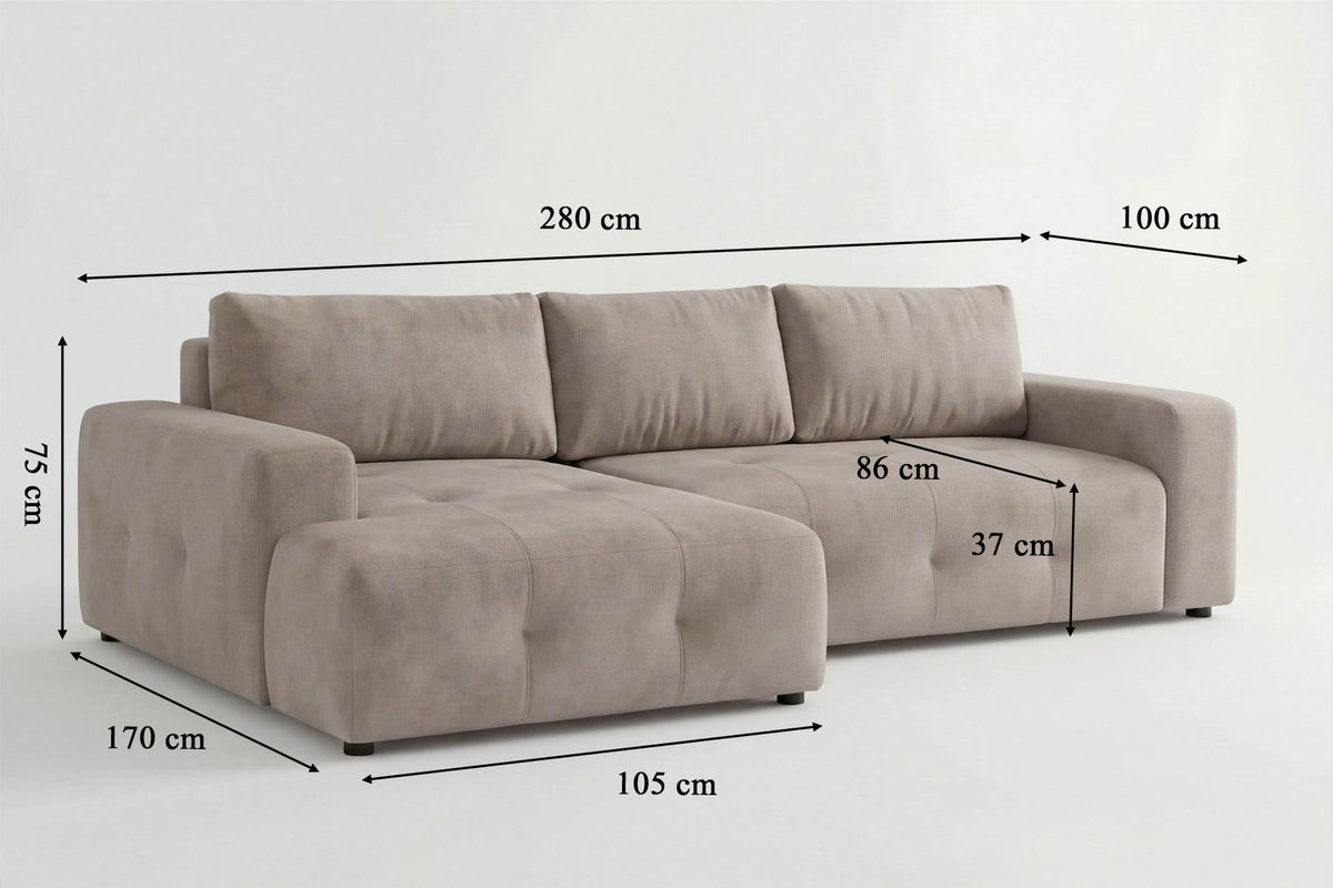 Beiges Eck-Schlafsofa Magnum von Hanah Home mit Polyesterbezug, Buchenholzgestell, Kunststoffbeinen und zwei losen Kissen, links ausgerichtet.